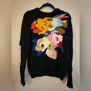 Meli Abstract Floral & Black Long Sleeve Knit Sweater Top Cottagecore Pullover